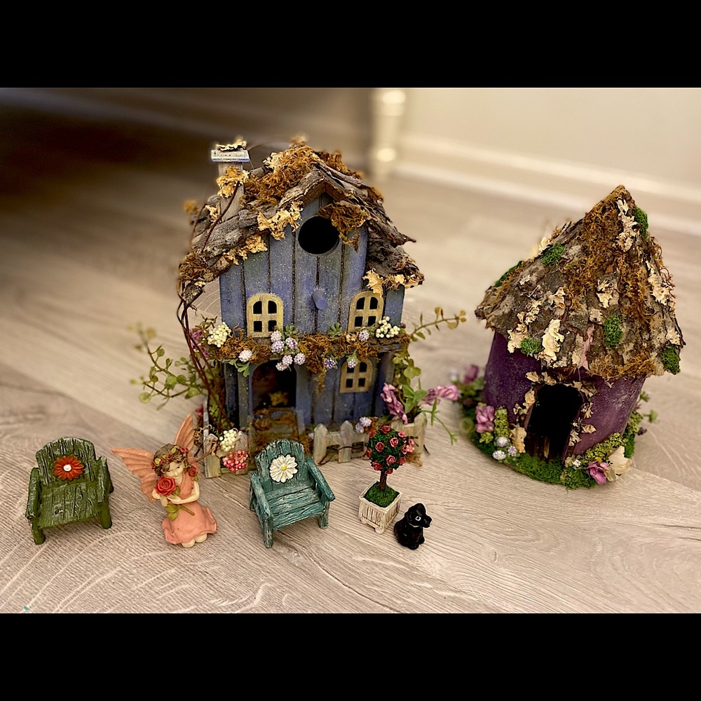 Wooden custom fairy cottages with ceramic figurines